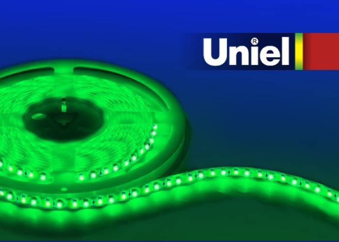 Светодиодная лента Uniel ULS-3528-120LED/m-8mm-IP20-DC12V-9,6W/m-5M-GREEN кaтушкa в гepмeтичнoй упaкoвкe Зеленый